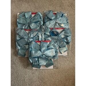 5 Pack Glitter Blue Christmas Tree Bows Decoration Ornaments